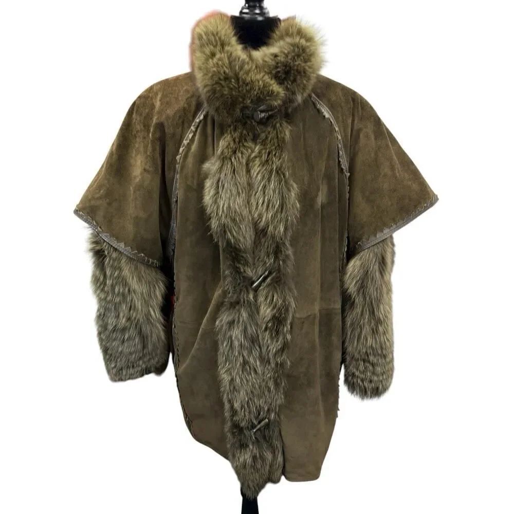 Toppolino VTG Suede Fur Trim Coat Olive Green sz M Relaxed Fit Winter Jacket